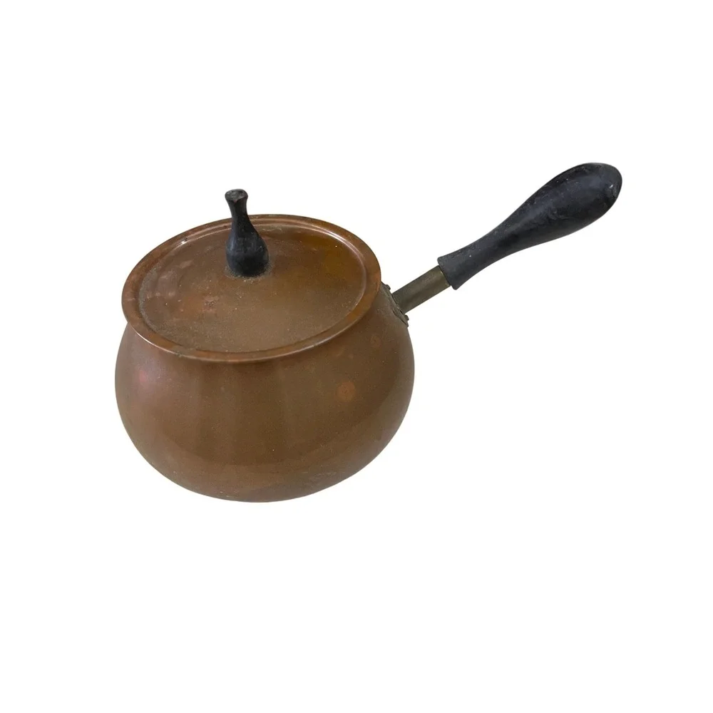 Vintage Copper Fondue Pot with Lid and Wooden Handle Rustic Kitchen Decor‎